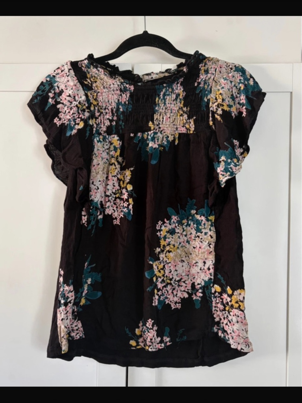 Maurices Black Floral Smocked Flutter Sleeve Top - Boho Rayon Blouse - Small